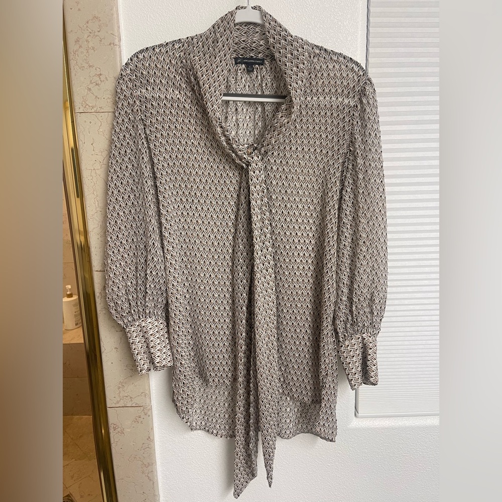 Adrianna Papell Pale Pink, White and Black Geometric Tie-Neck Sheer Blouse